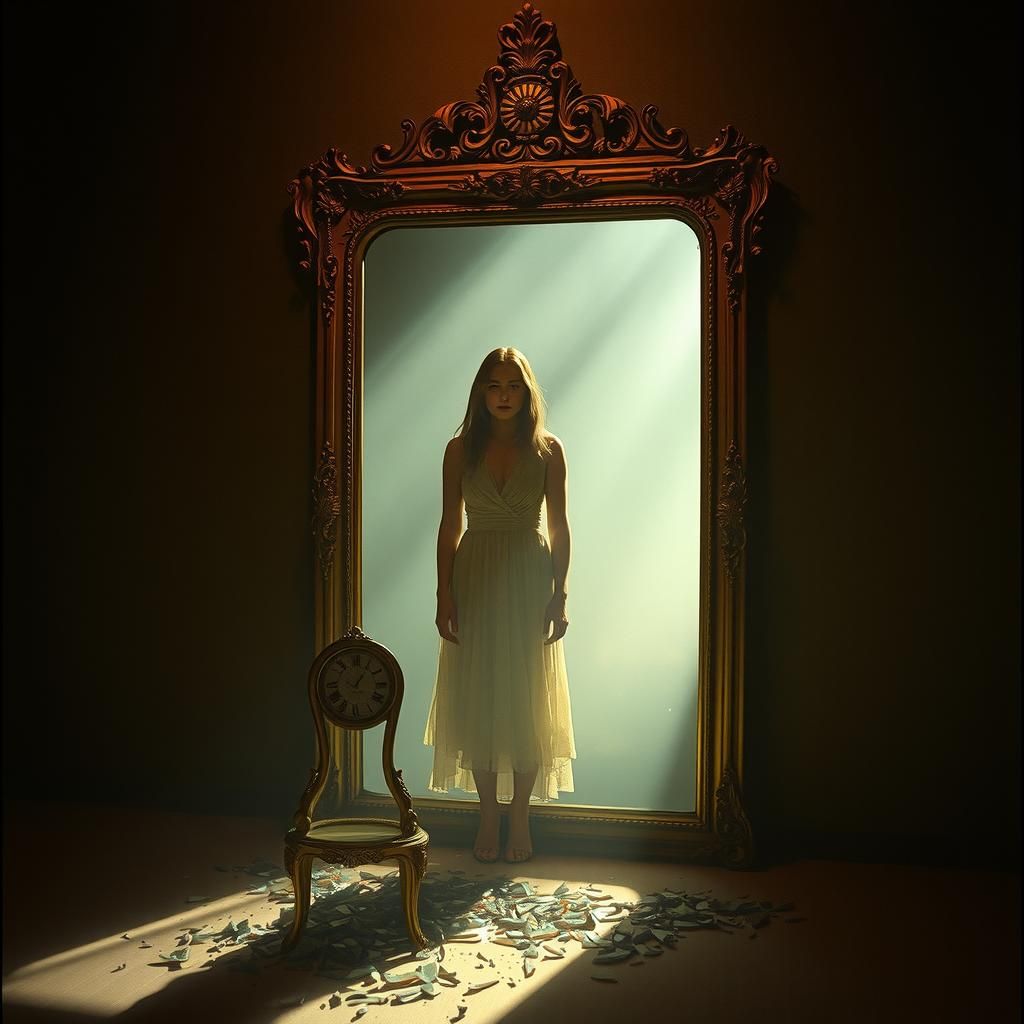 Eerie Woman in Shattered Mirror Scene