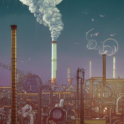 Detailed Factories Spewing Pollution: Cel-Shaded Digital Art