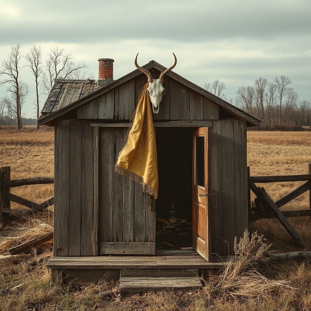 Abandoned House in Field, Rural Landscape Art