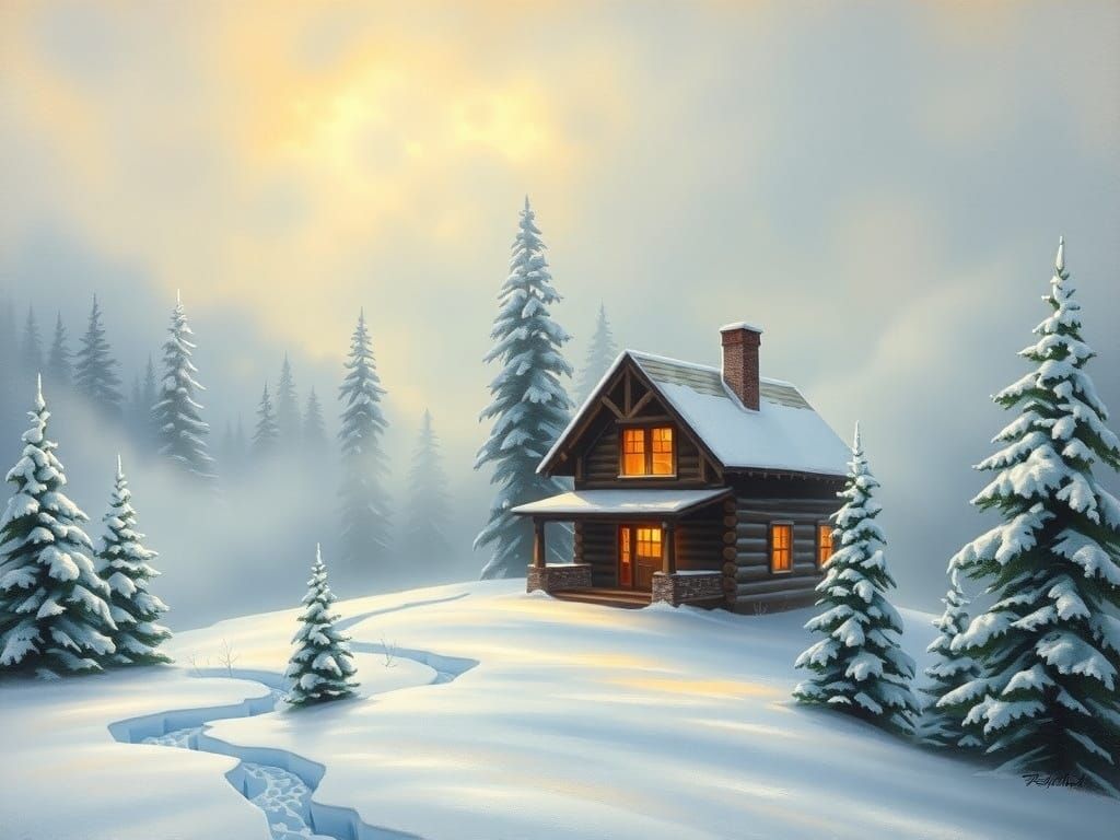 Serene Winter Mountain Cabin Oil Painting