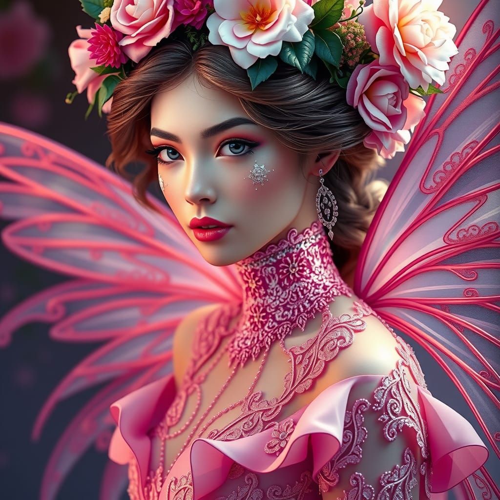 Pink Fairy Portrait in Art Nouveau Style
