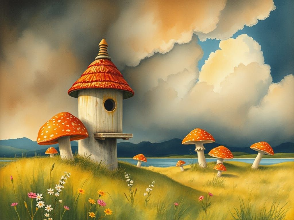 Mushroom Birdhouse in a Spring Landscape