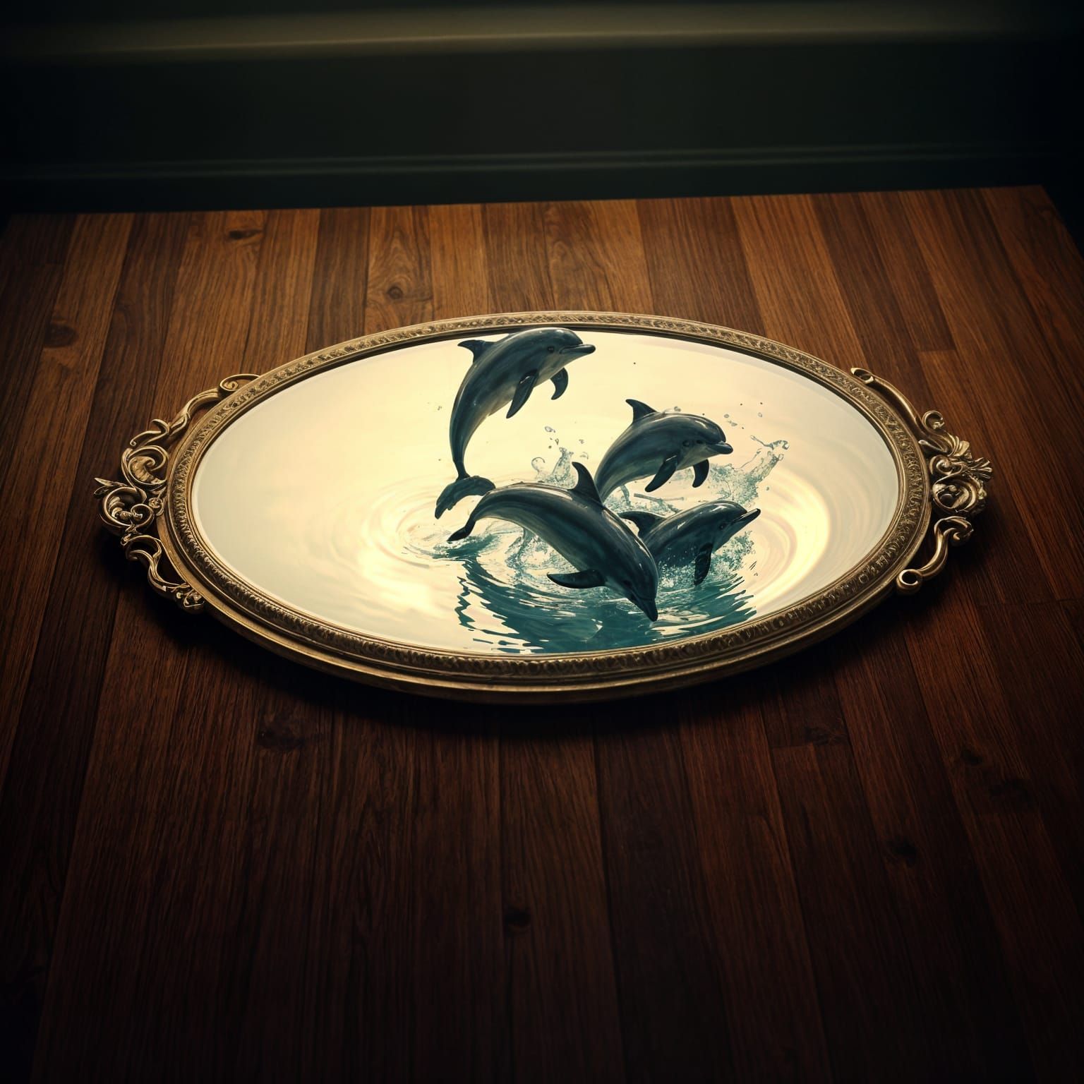 Hyperrealistic Dolphins Jumping from Oval Mirror