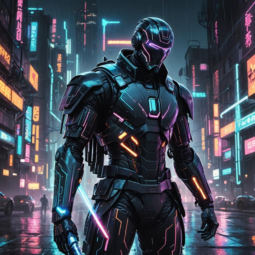 Tron-like Figure with Lightsaber in Cyberpunk Cityscape