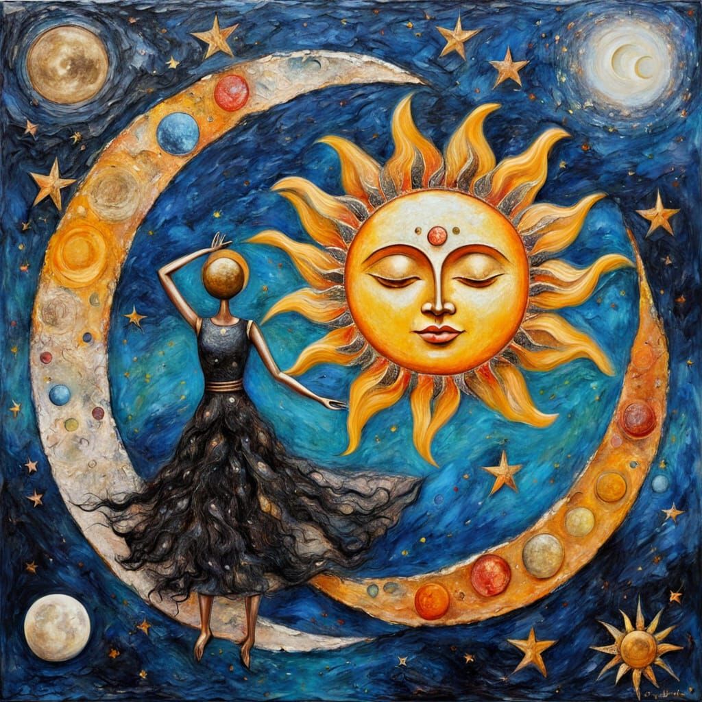 Sun and Moon Dance in Solar System Encaustic Painting