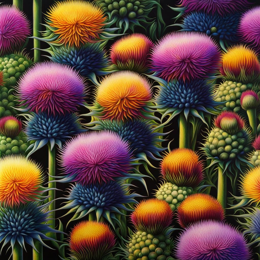 Colorful Thistle Garden in Pointillist Style