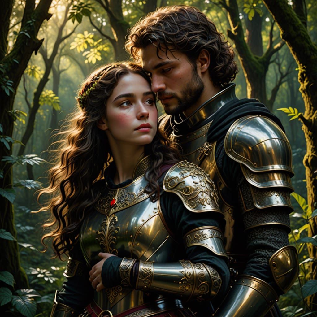 Medieval Knight Hugs Princess in Dark Fantasy Oil Painting