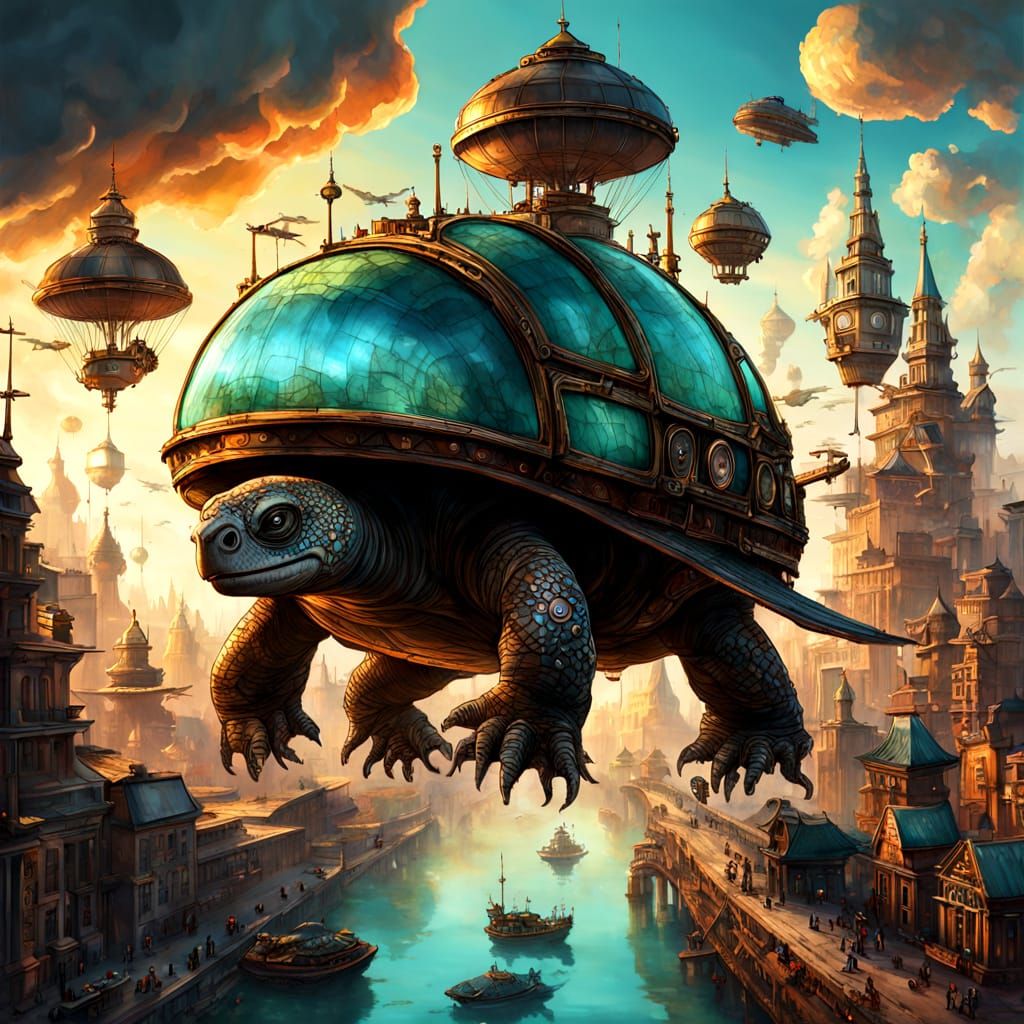 Steampunk City on Turtle in Fantasy Concept Art