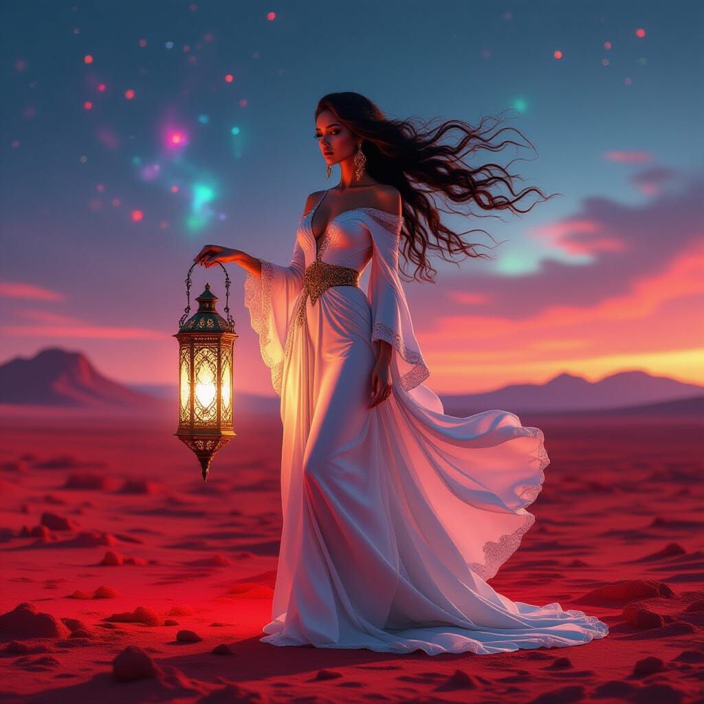 Model with Lantern on Alien Planetscape