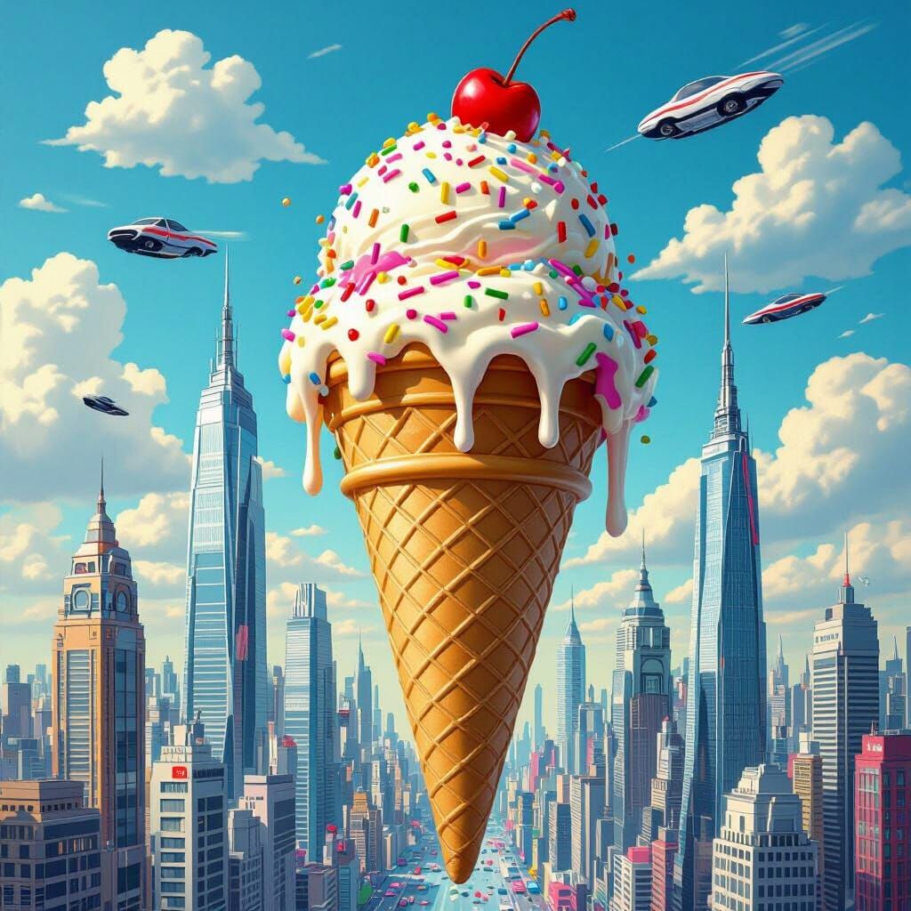 Colossal Ice Cream Cone in Futuristic Cityscape