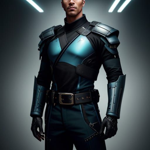 A realistic, full body portrait of an off duty Blue Tiger soldier, adorned with a black and teal shirt, wears a formidab...