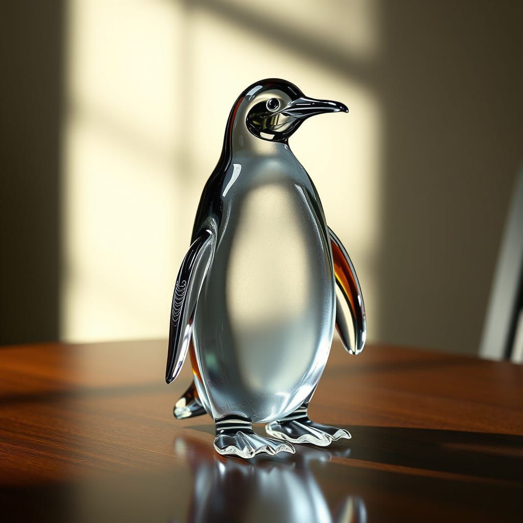 Ethereal Glass Penguin Sculpture on Dark Wood Table