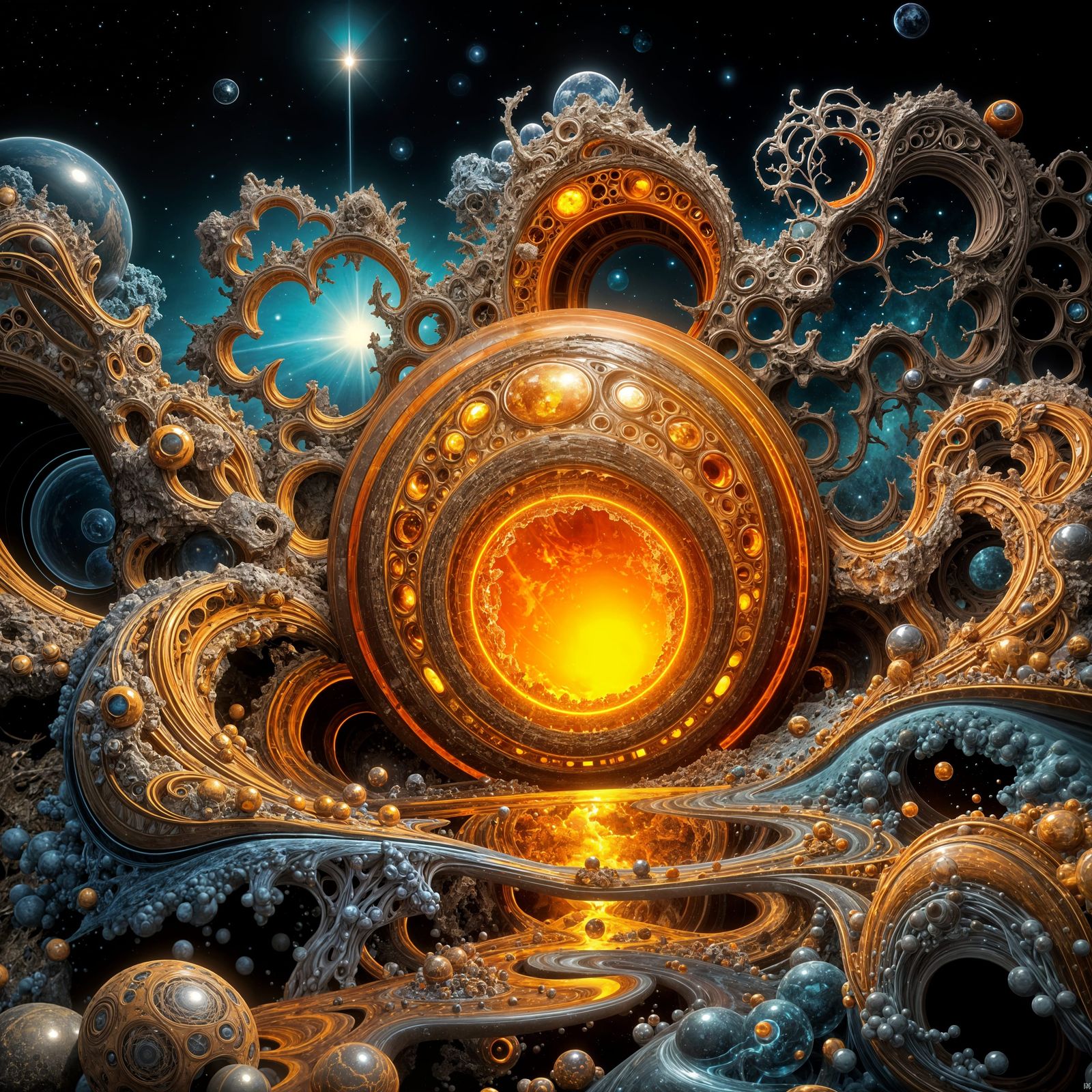 Retro-Futurist Fractal Art in Obsidian Void