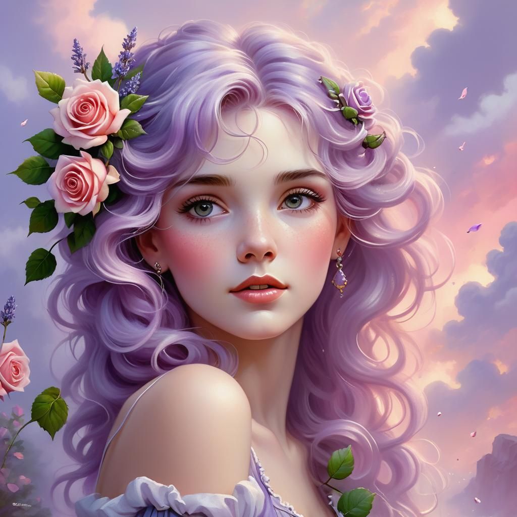 Lavender Haired Woman with Roses, Ethereal Fantasy Art