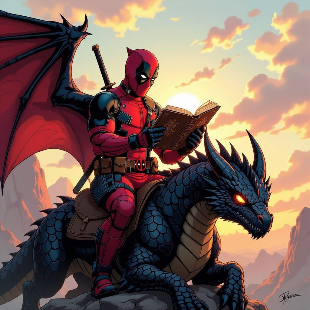 Deadpool Rides Fly Dragon With Map Book at Golden Hour