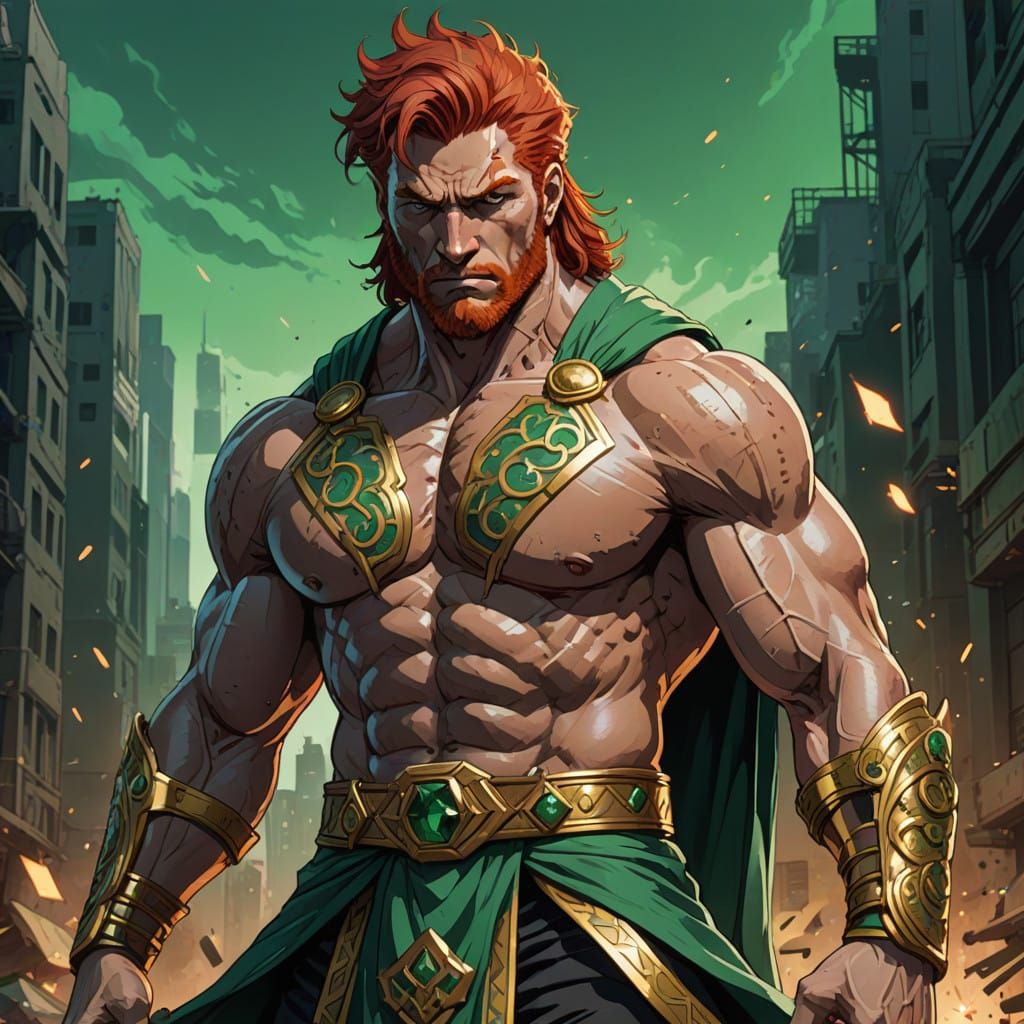 Heroic Warrior in Emerald Loincloth, Anime-Inspired Art Styl...