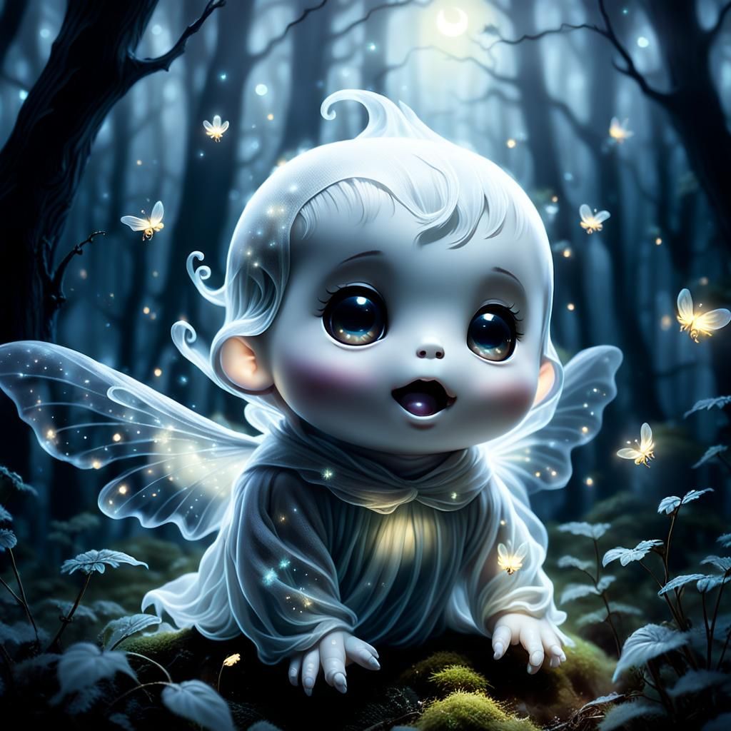 Chibi Ghost in Moonlit Forest: 3D Render