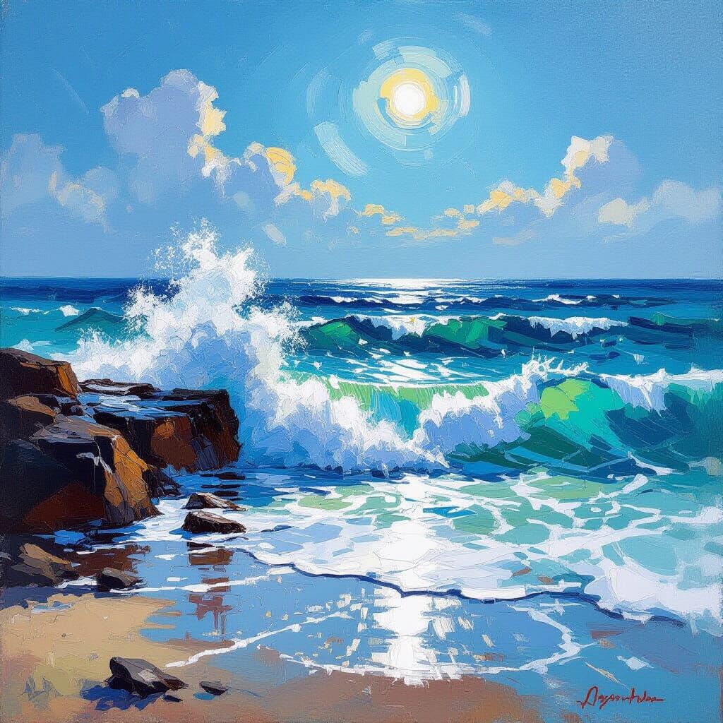 Vibrant Seascape With Textured Oil Brushstrokes