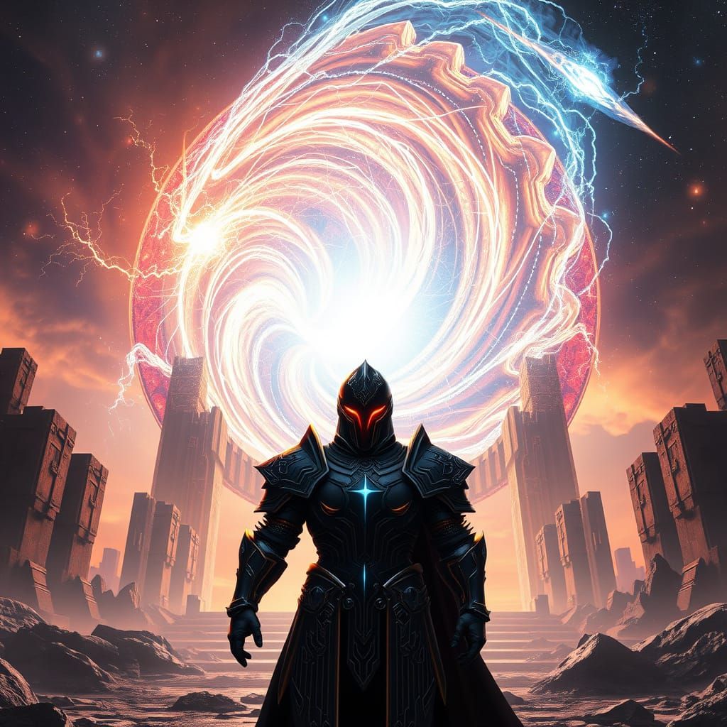 Futuristic Knight Guardian of Cosmic Portal