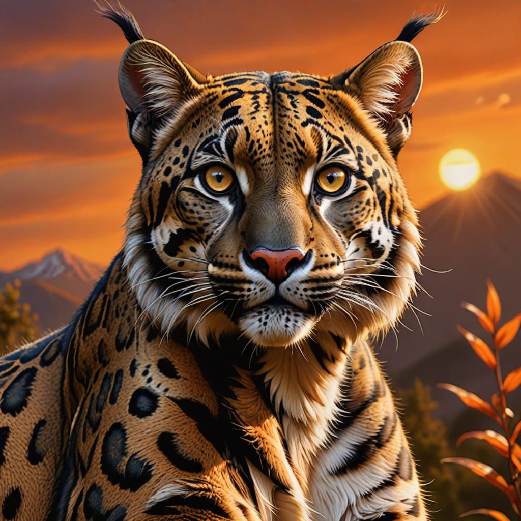 Mythical Bobcat-Leopard Hybrid at Sunset, Realistic Digital ...