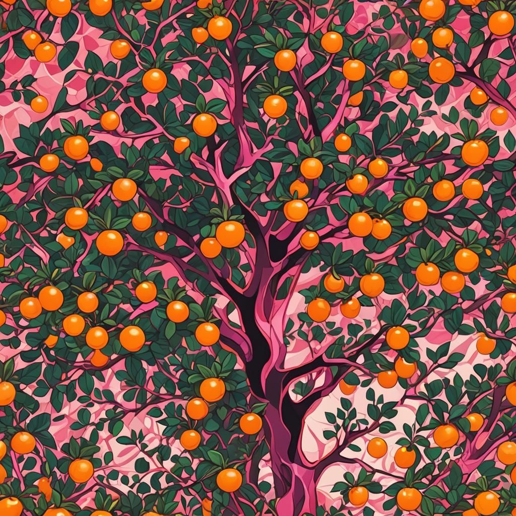Abstract Orange Tree with Geometric Patterns in Pink