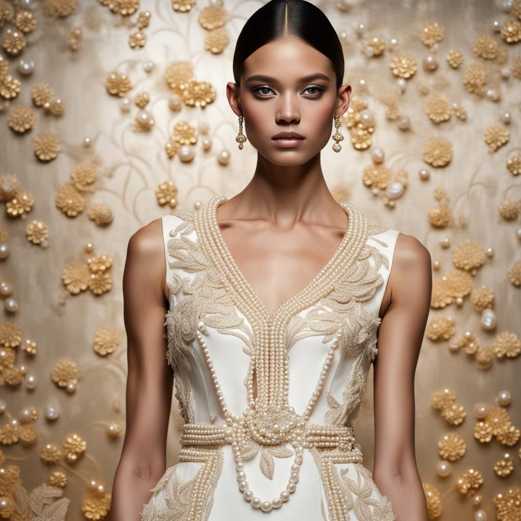 Hyperrealistic Runway Model in White Embroidered Dress