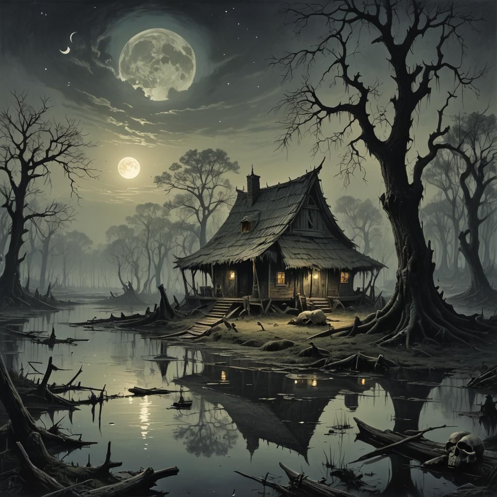 Eerie Swamp Witch Hut Under Crescent Moon