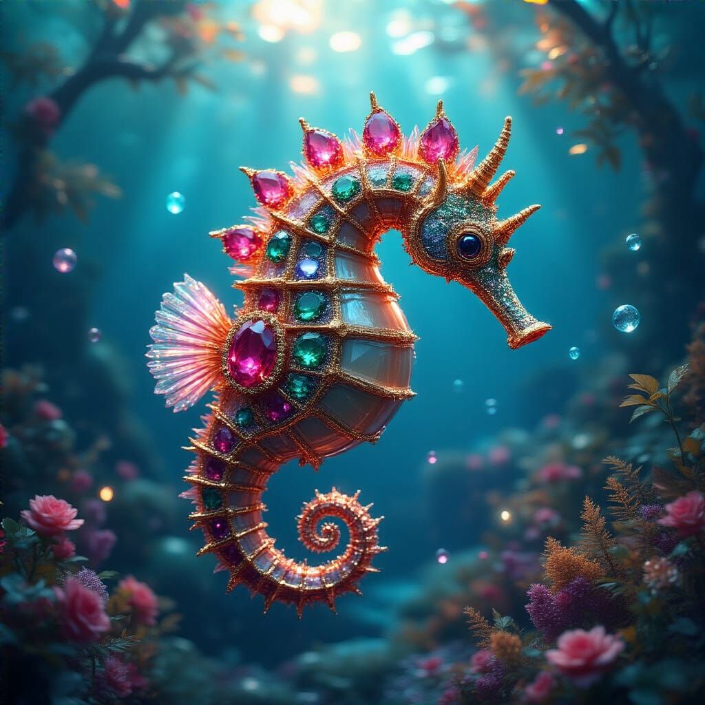 Gemstone Seahorses in an Iridescent Undersea World