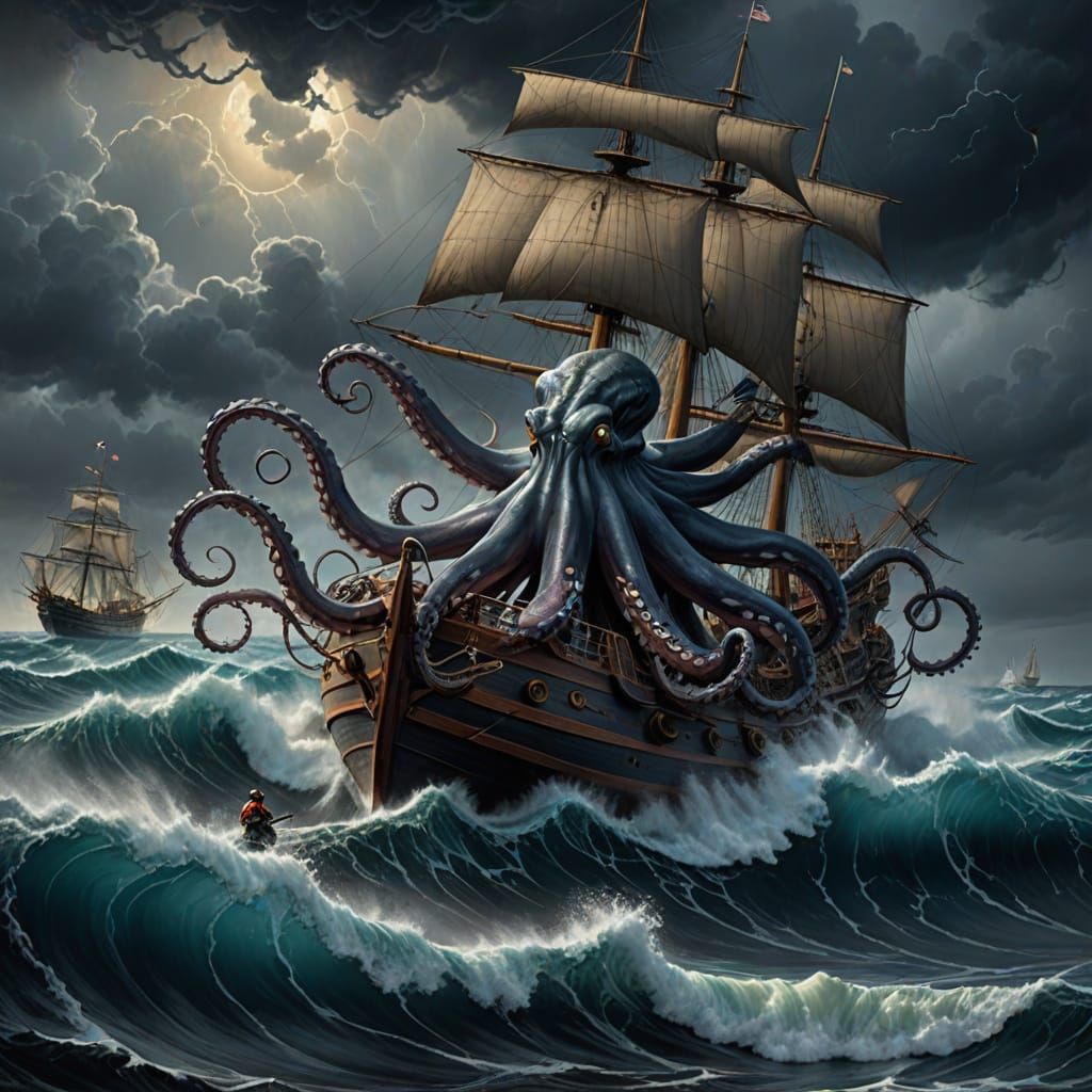 Colossal Octopus Attacks Ship in Dark Fantasy Art