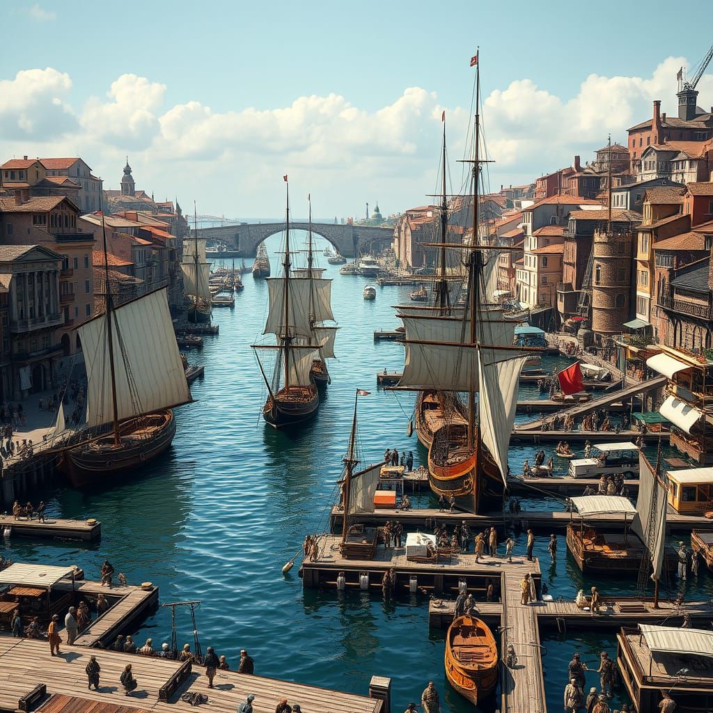 Vibrant Renaissance Port City at Midday