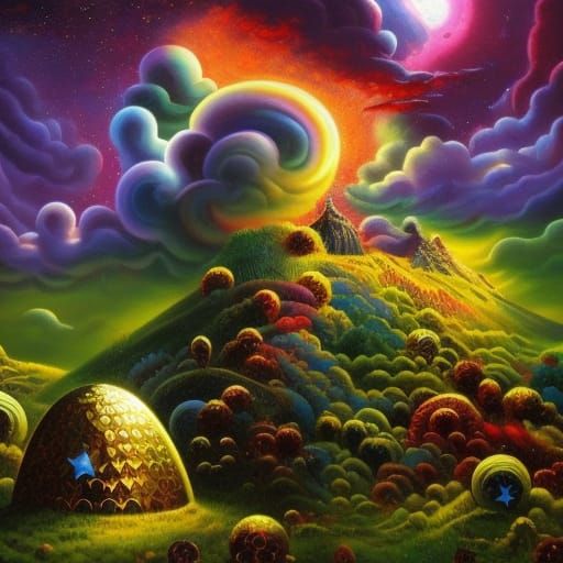 Cosmic Gothic Fantasy Oil Painting with Mushroom Clouds