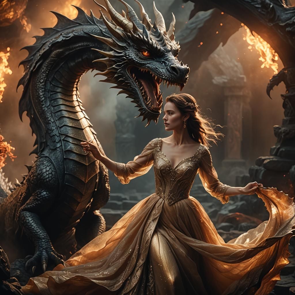 Lady Taming Dragon in Mystical Golden Hour