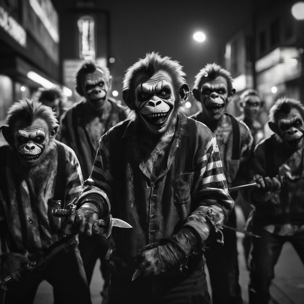 Zombie Monkey Clowns: Black and White City Scene