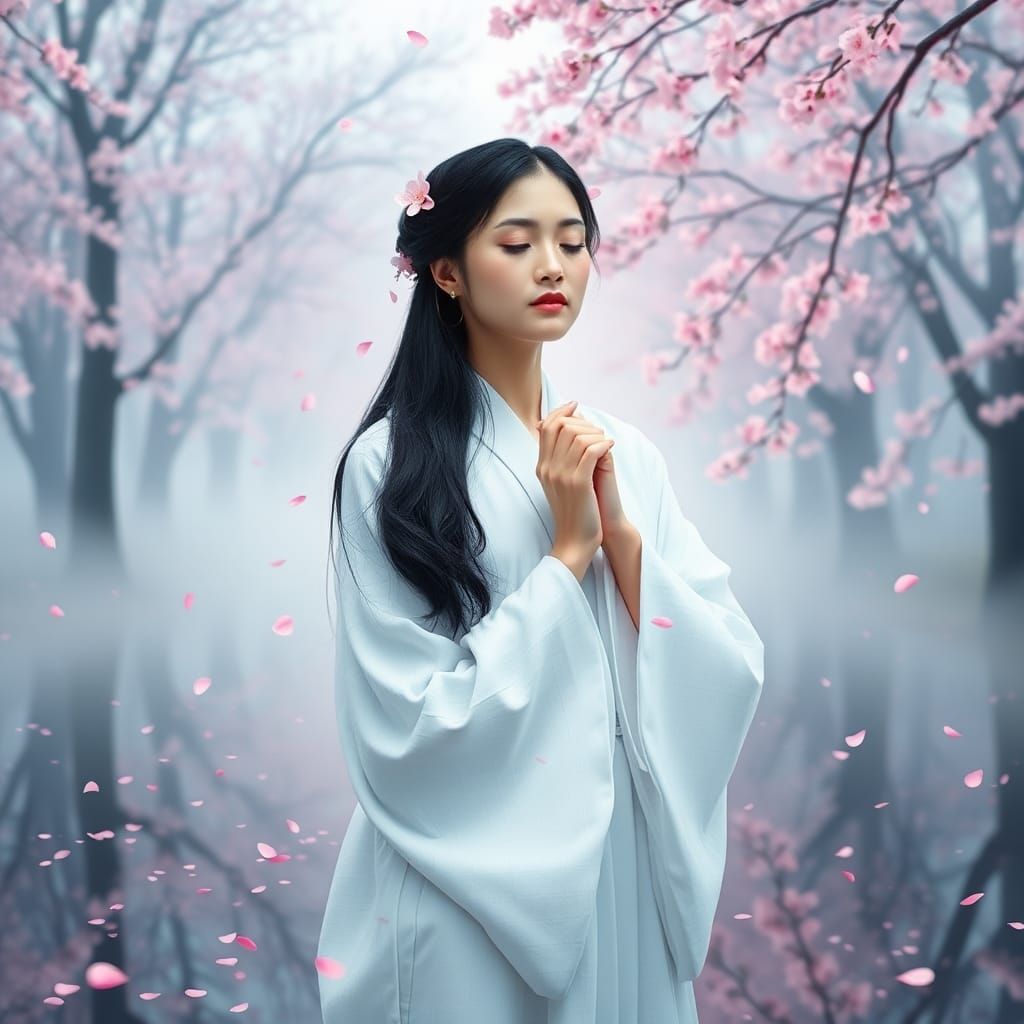 Serene Woman in Cherry Blossom Forest, Surreal Art