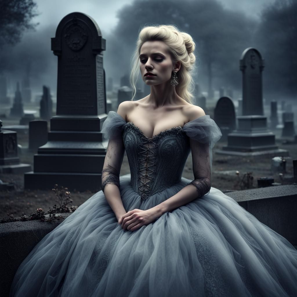 Crying Woman in Gown at Foggy Grave