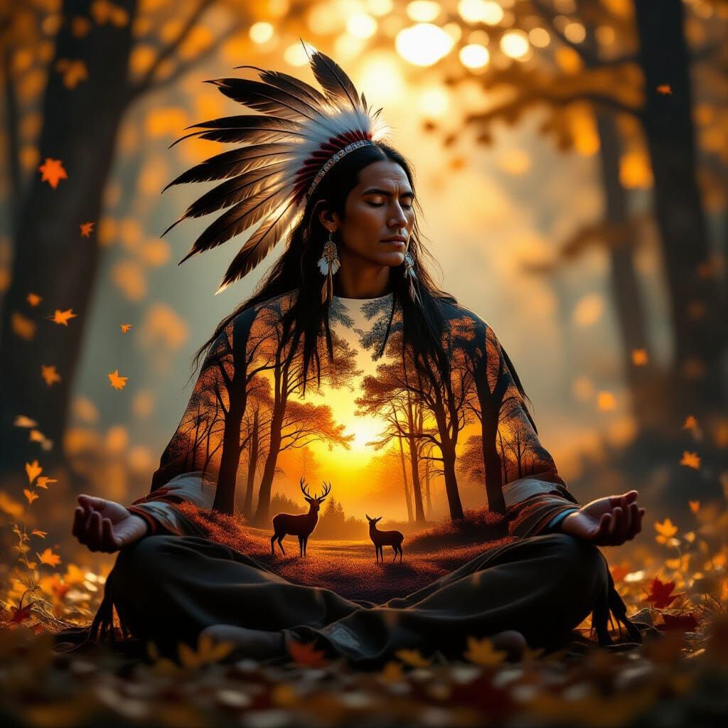 Native American Spirit Guide in Autumn Forest Double Exposur...
