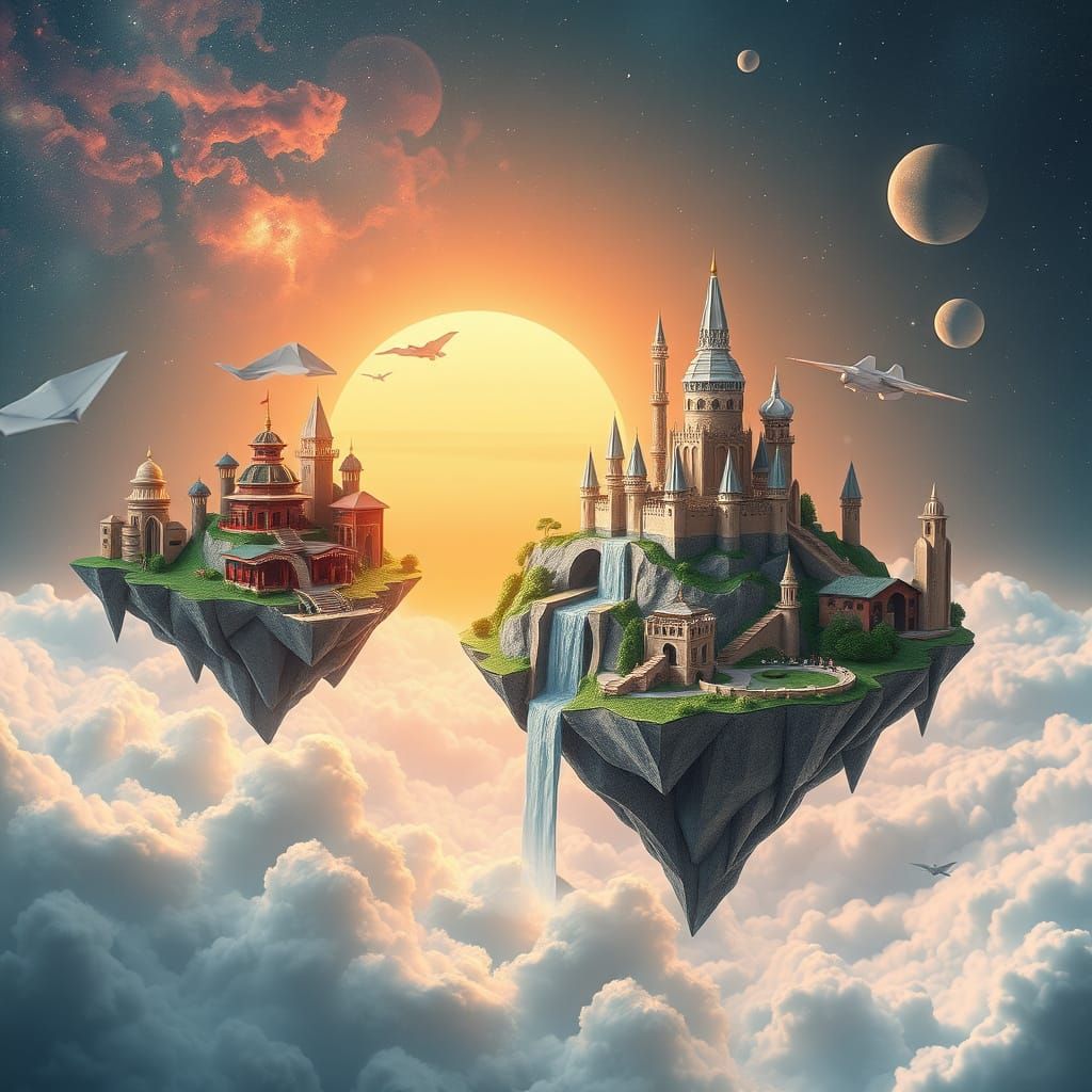 Celestial Cityscape of Floating Islands in Nebula Sky