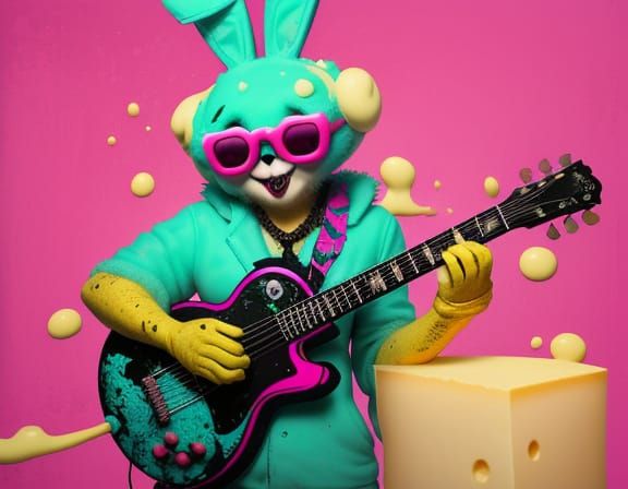 Fluffy Bunny Plays Cheese Guitar in Surreal Grungy Art