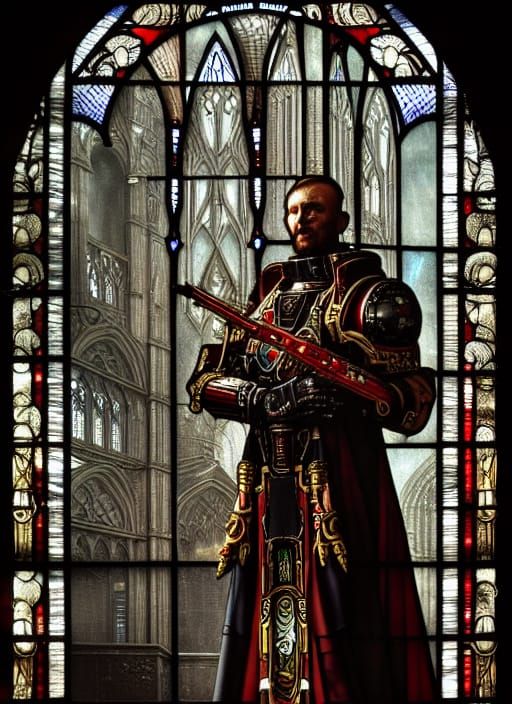 Stained Glass Window: Cyborg Tech-Priest in Gothic Horror St...