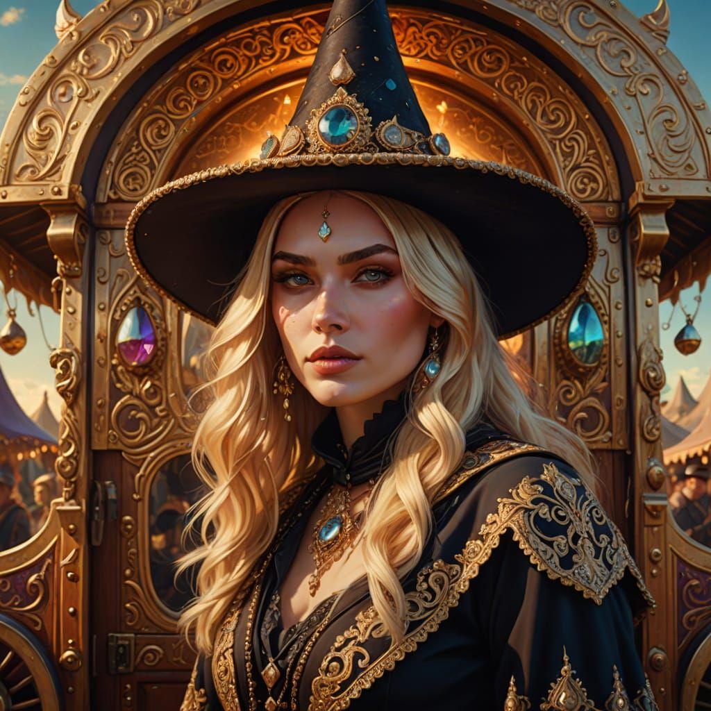 Gypsy Queen Selling Witch Hats: Surreal Digital Art