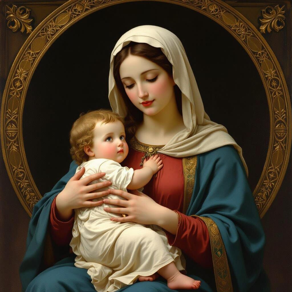 The Blessed Virgin Mary with baby Jesus in her arms in the s...