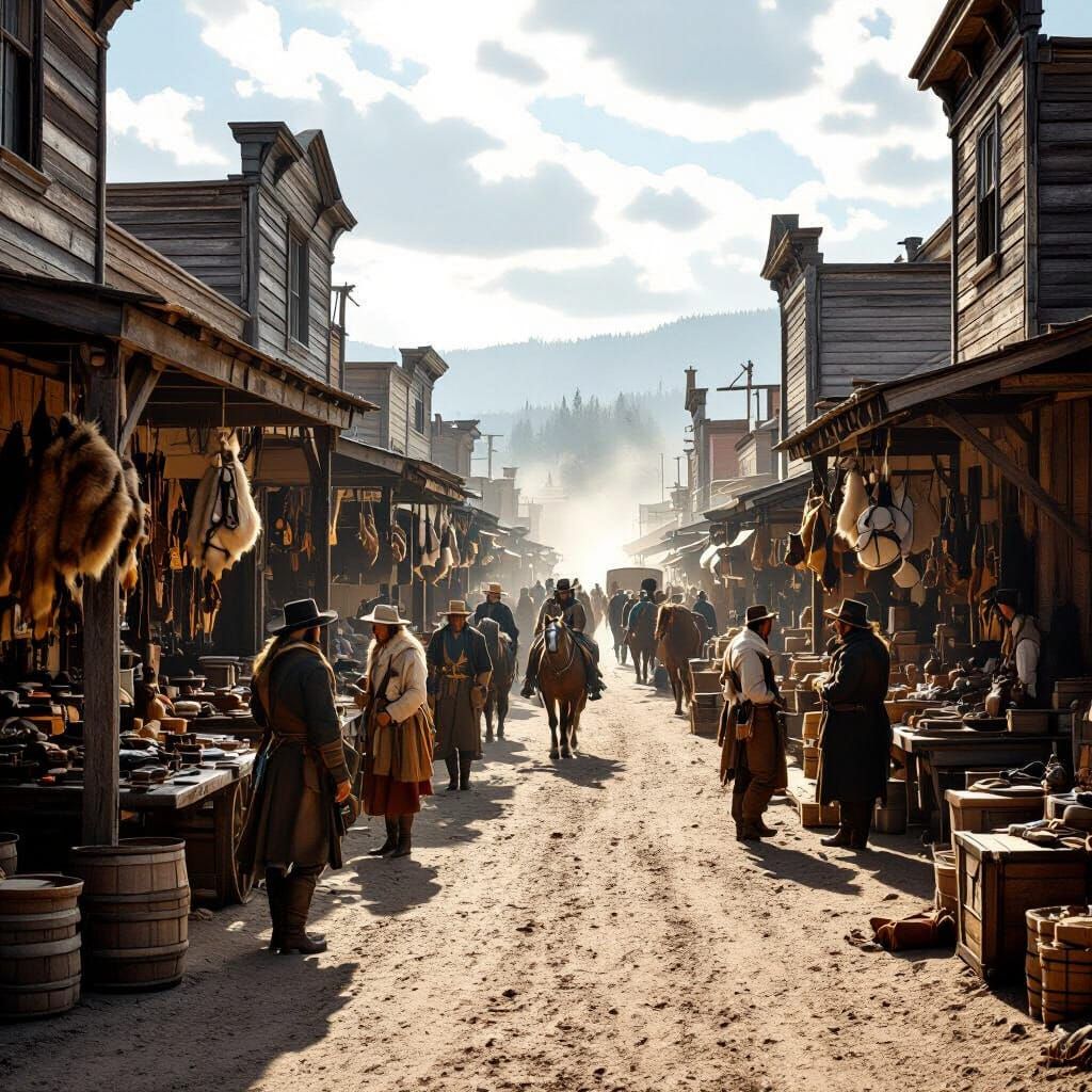 1800s Frontier Market Exchange in Photorealistic Style