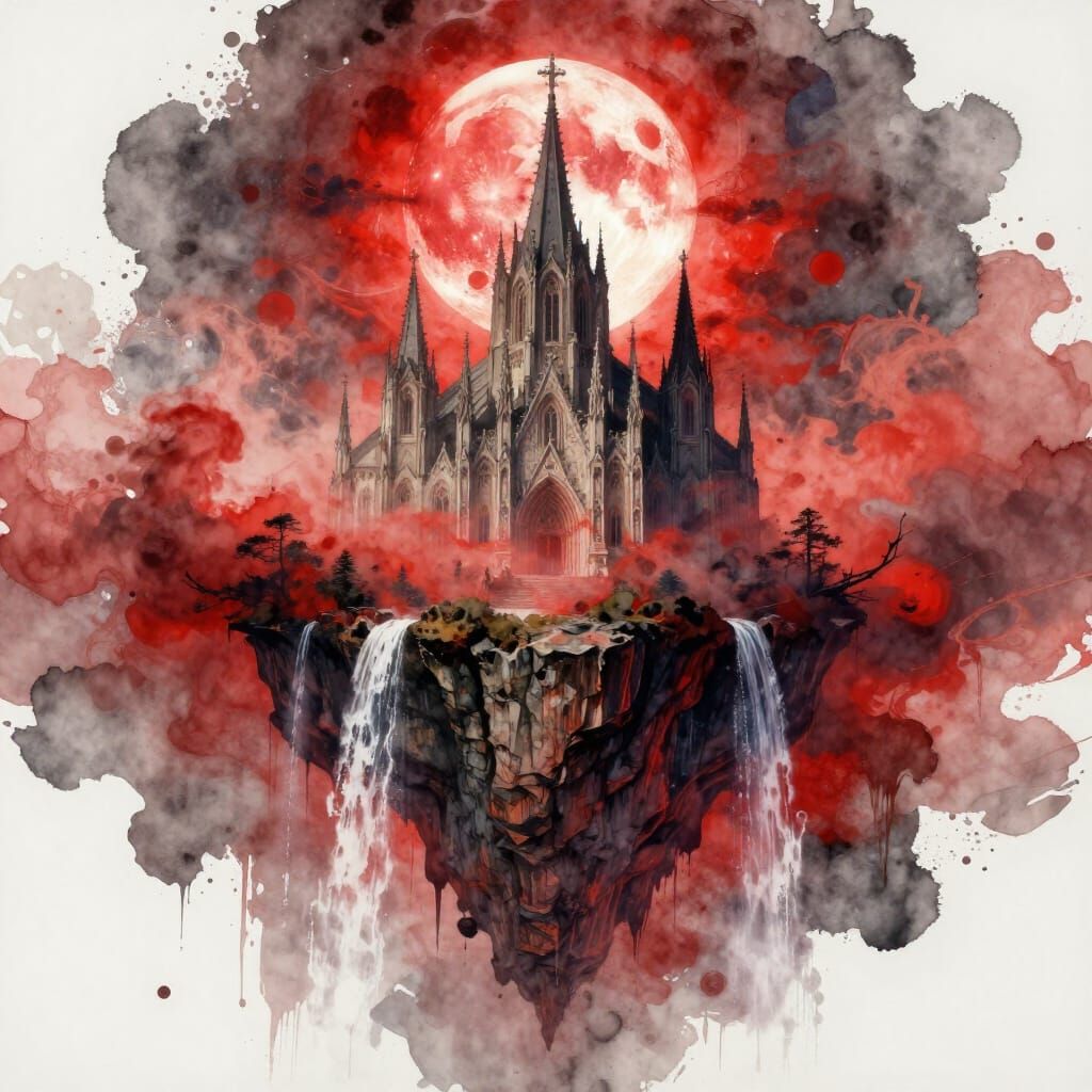 Mystical Cathedral on Cliff Under Blood Moon