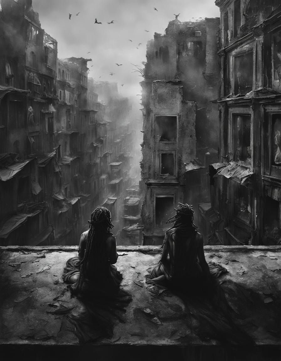 Dark Angels Over Urban Chaos in Realistic Monochrome