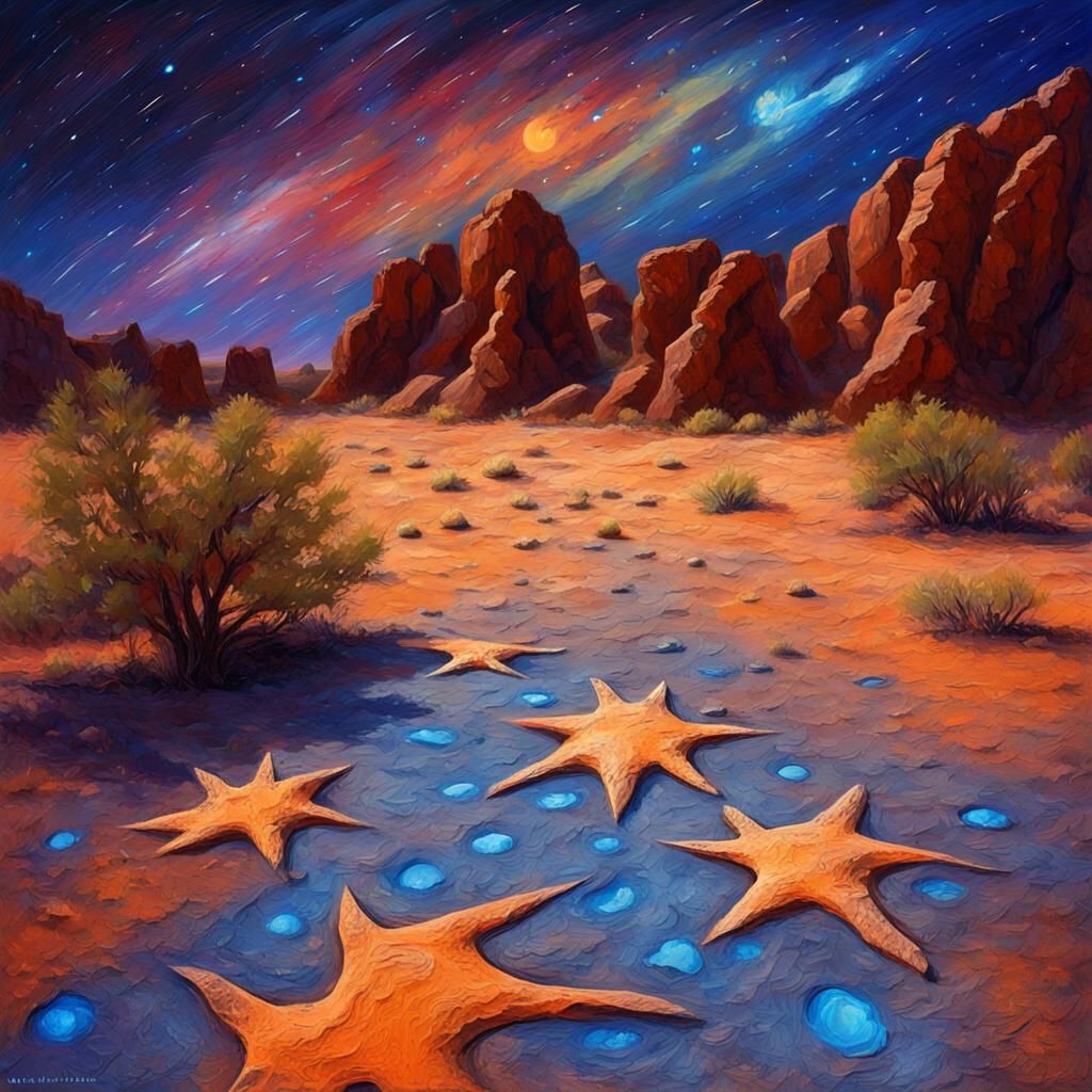 Dinosaur Tracks in Starry Desert, Impasto Oil Painting