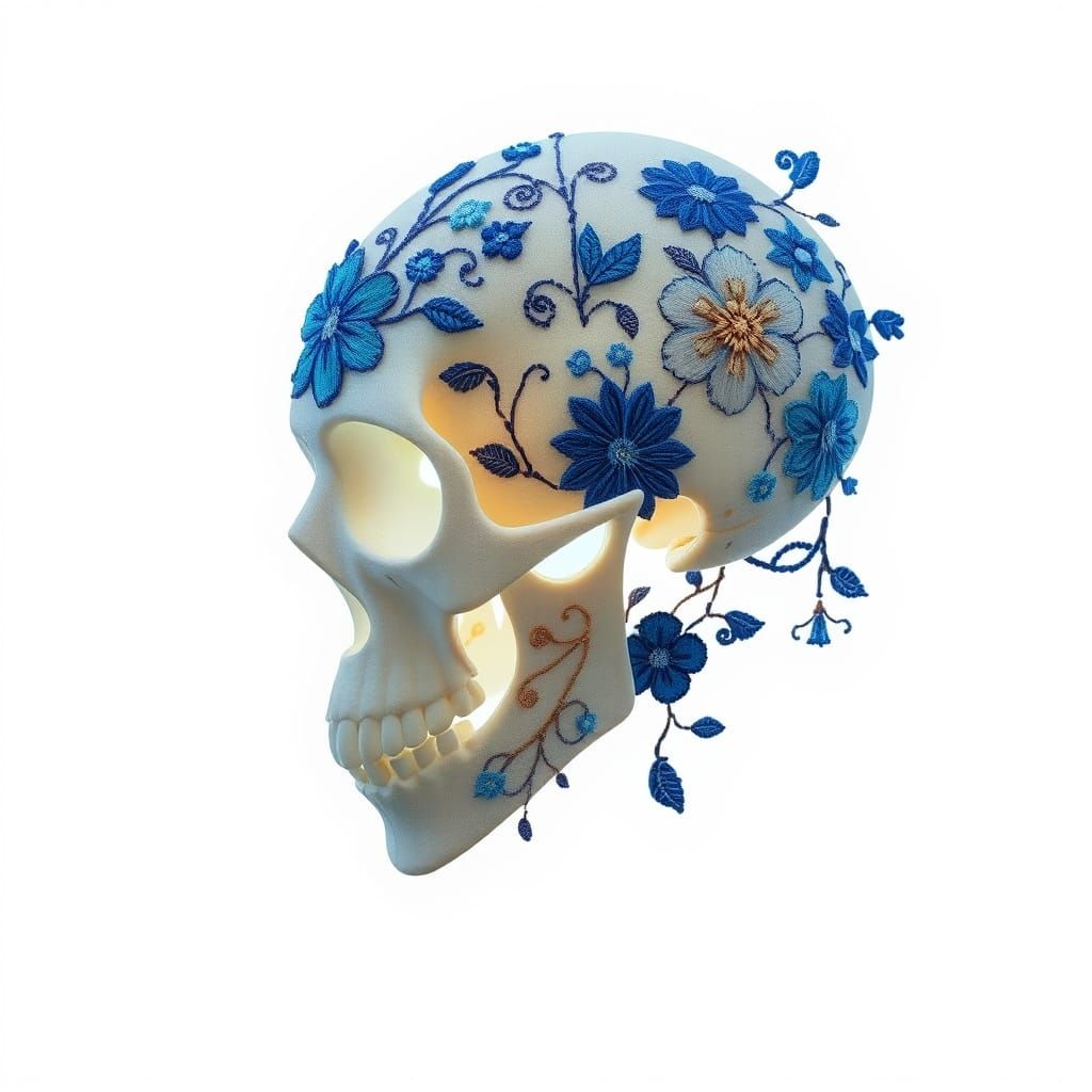Haptic Blue Floral Needlework on White Skull