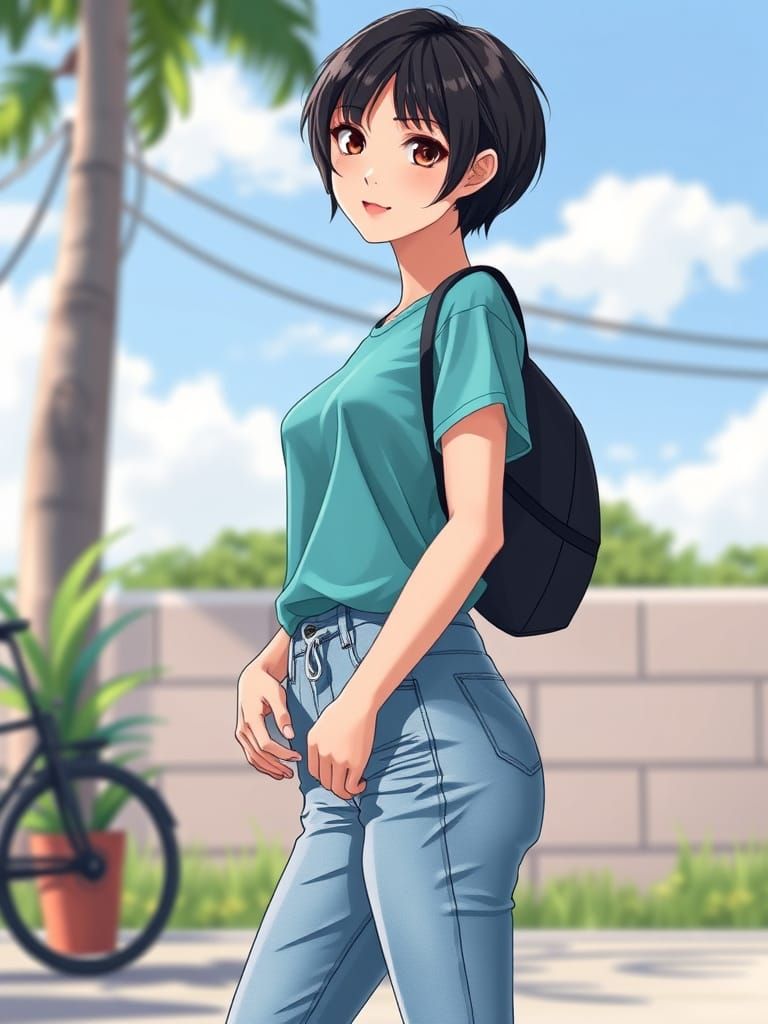 Thai Woman in Teal Shirt, Anime Style