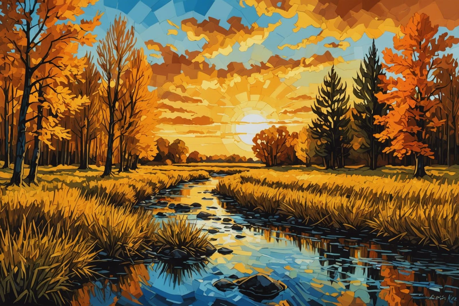 Golden Sunset Creek: Post-Impressionist Masterpiece