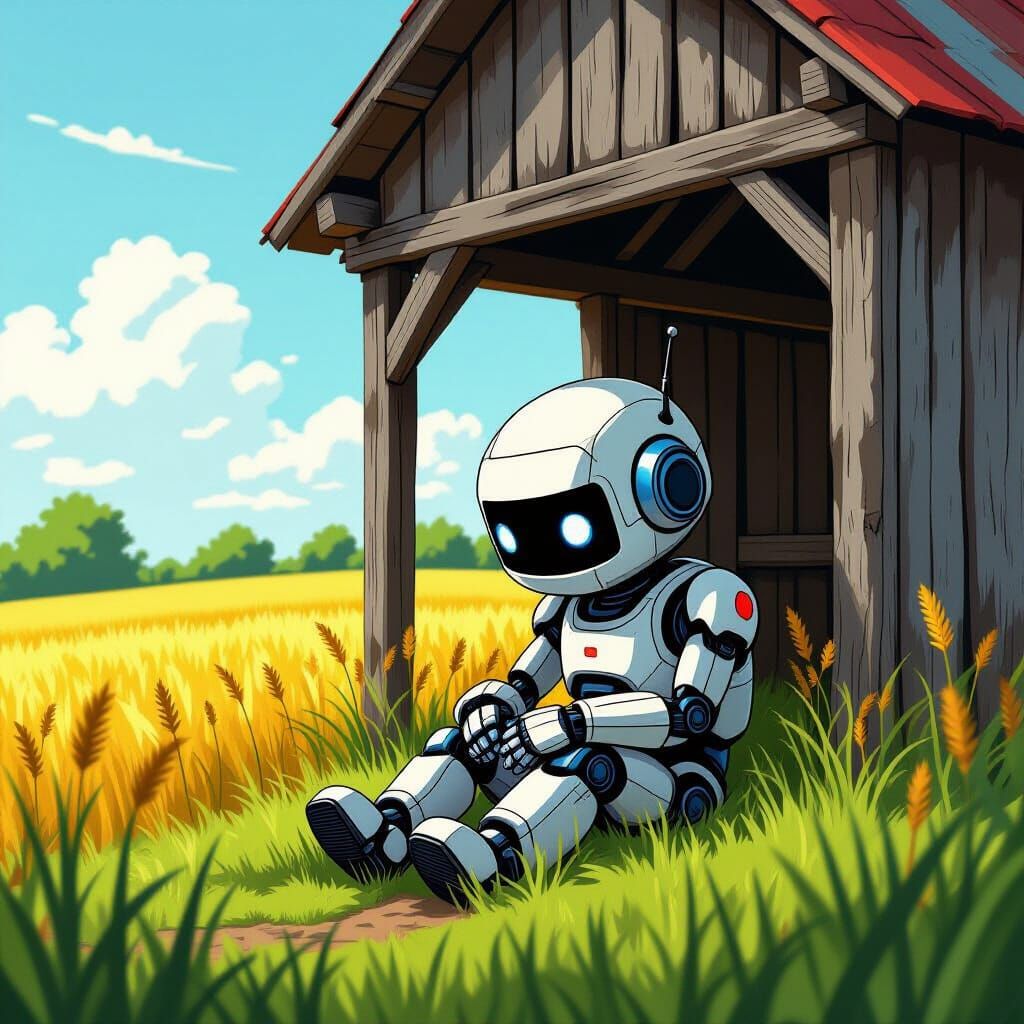 Lonely Robot in Field, Digital Comic Art