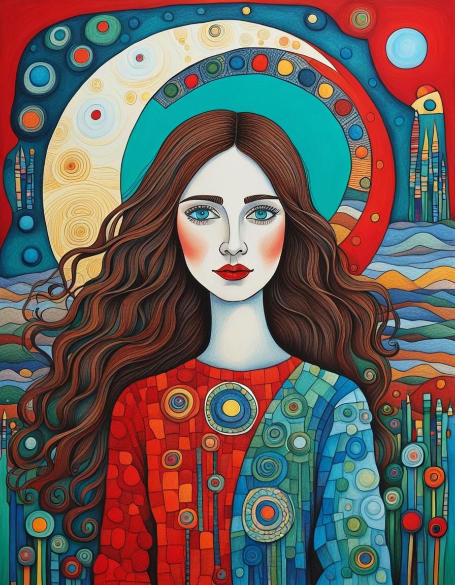 Whimsical Woman in Dadaist Style with Moon and Sun